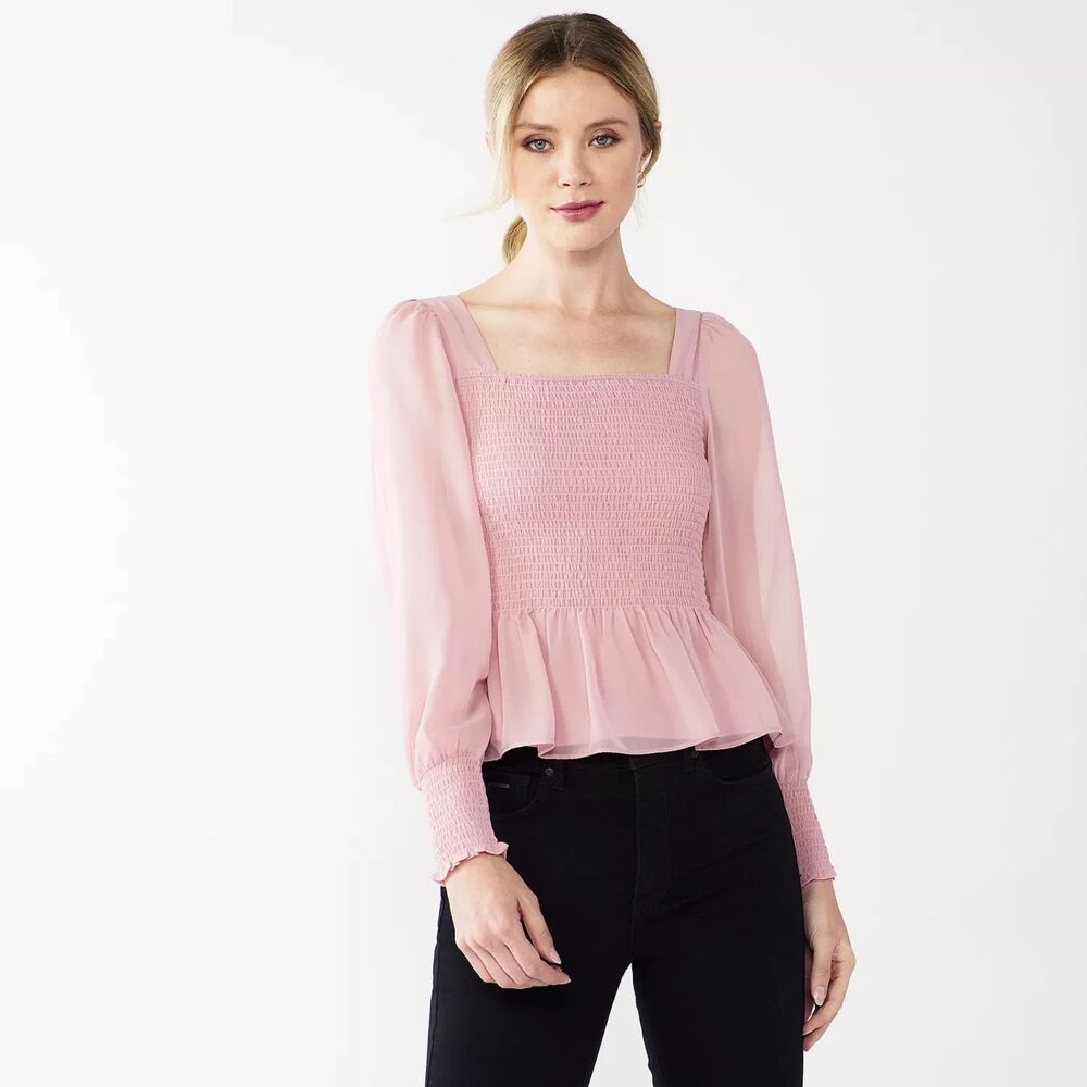 Women's Nine West Smocked Squareneck LS Pink Peplum Blouse Sz Small